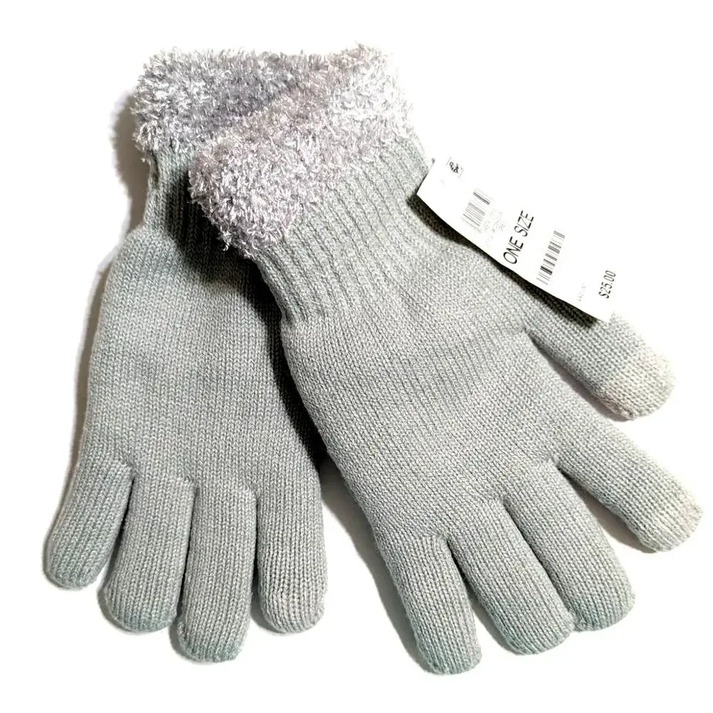 On 34TH Women's Gray Rib-Stitch Fuzzy-Cuff Knit Gloves Macy's, One Size